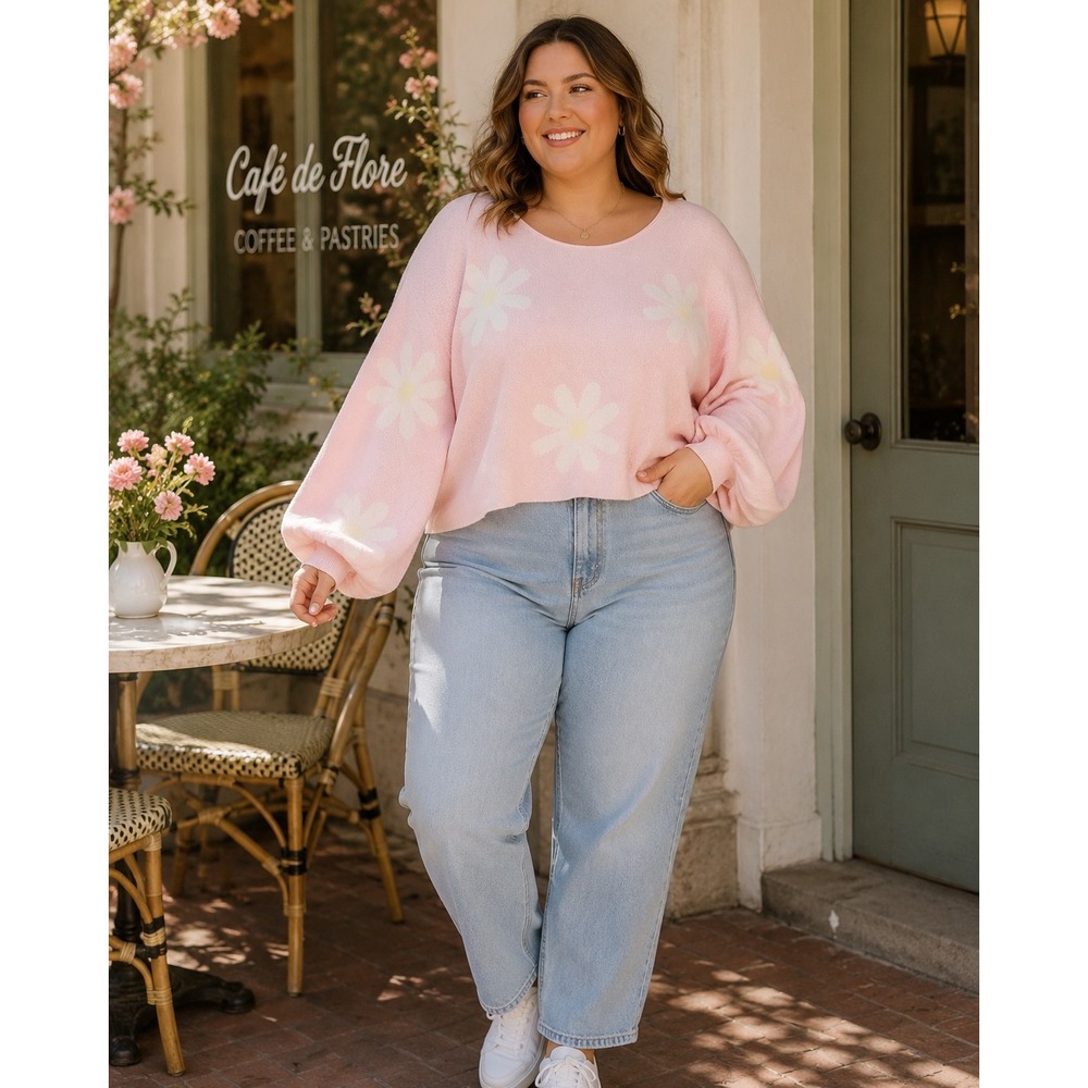 Ekouaer Pink Daisy Floral Balloon Sleeve Knit Sweater XXL Women Relaxed Pullover